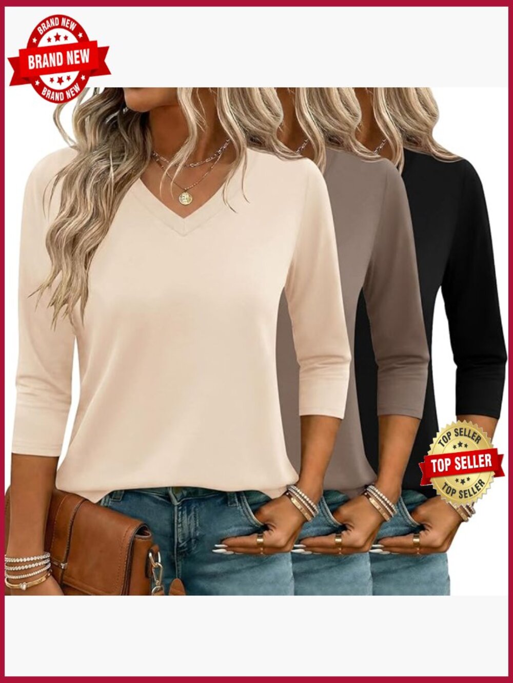 3 Pack V Neck 3/4 Sleeve Tees Business Casual Tops
